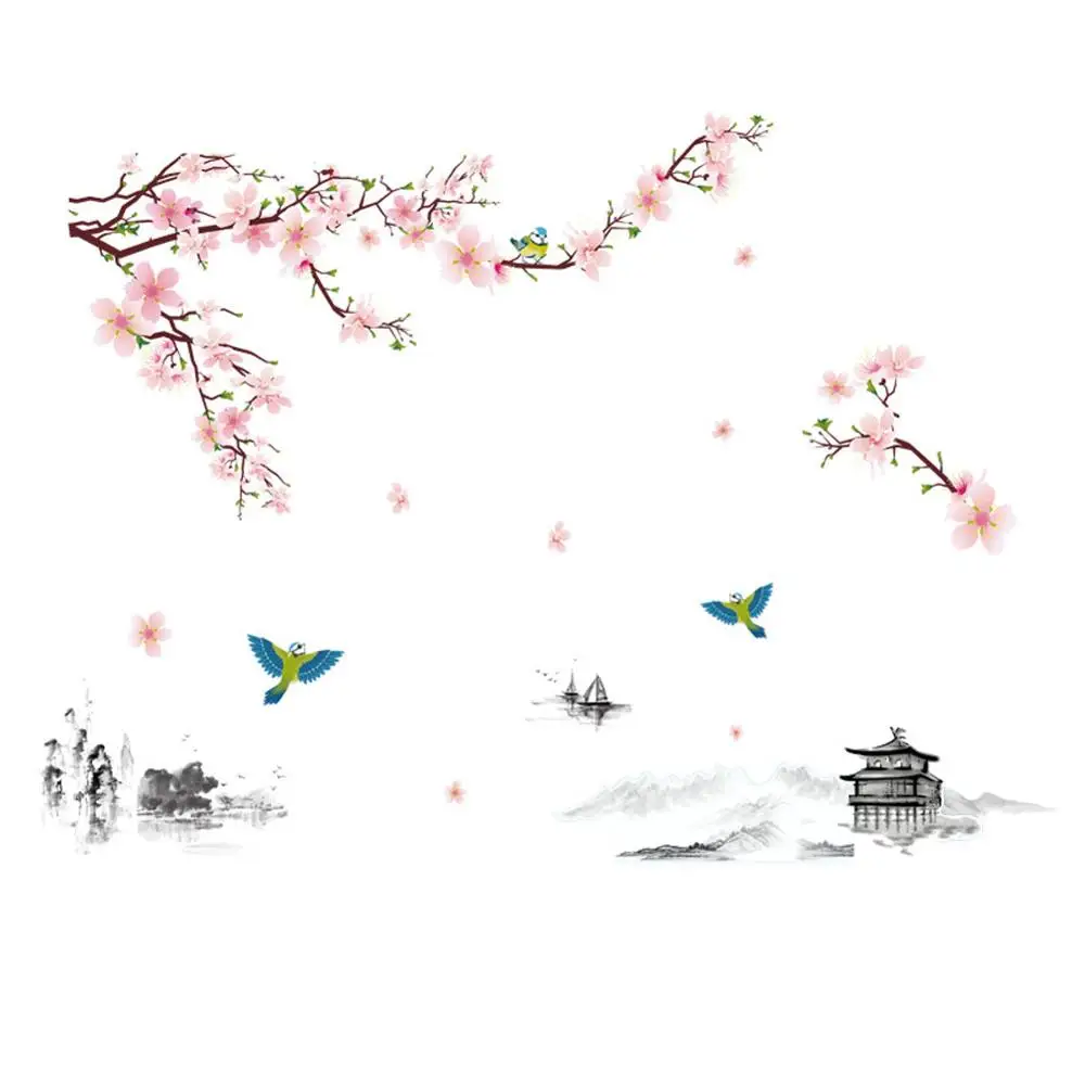 Настенный стикер с пейзажем чернильным рисунком персикового цвета обои в
