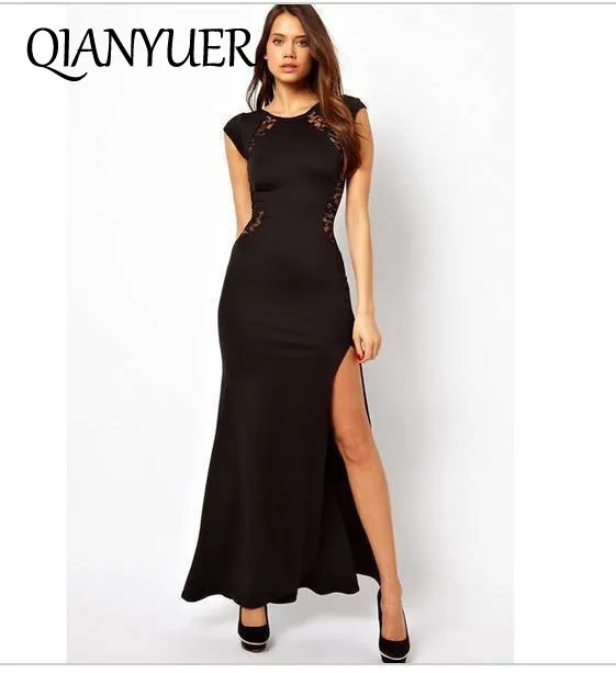 Sexy Women's Fashion Lace &amp Knitting Patchwork Back Waist Hollow Out Dresses Slim Side Slit Open Long Dress summer party | Женская