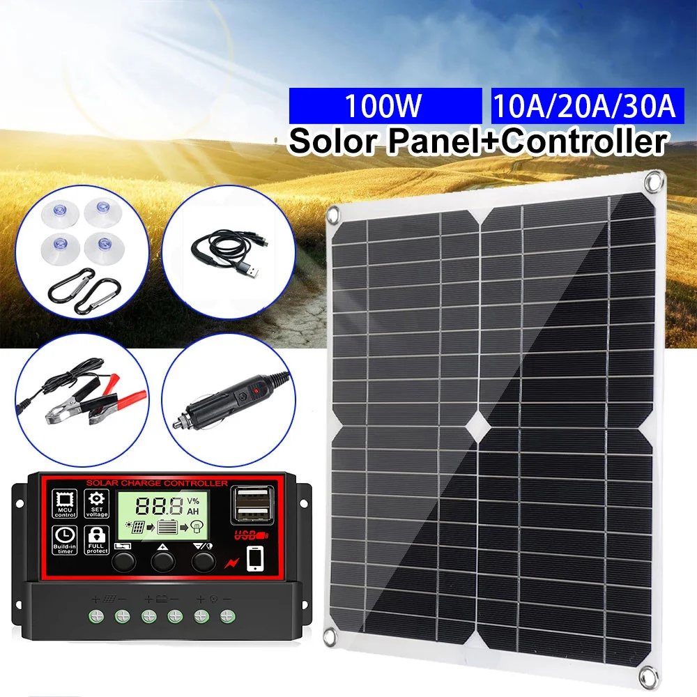 Juego de paneles solares de 100W, sistema de generador USB portátil, cargador de energía eléctrica de 12V y 24V, tablero de Camping, 10/20/30A