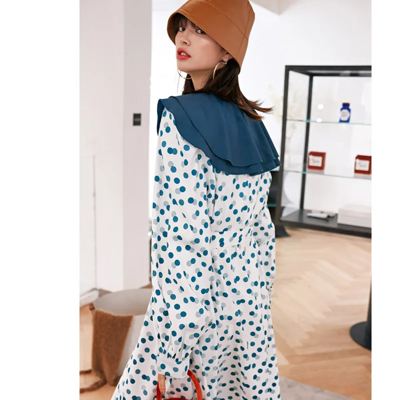 Женское винтажное платье LANMREM демисезонное в горошек с круглым воротником и