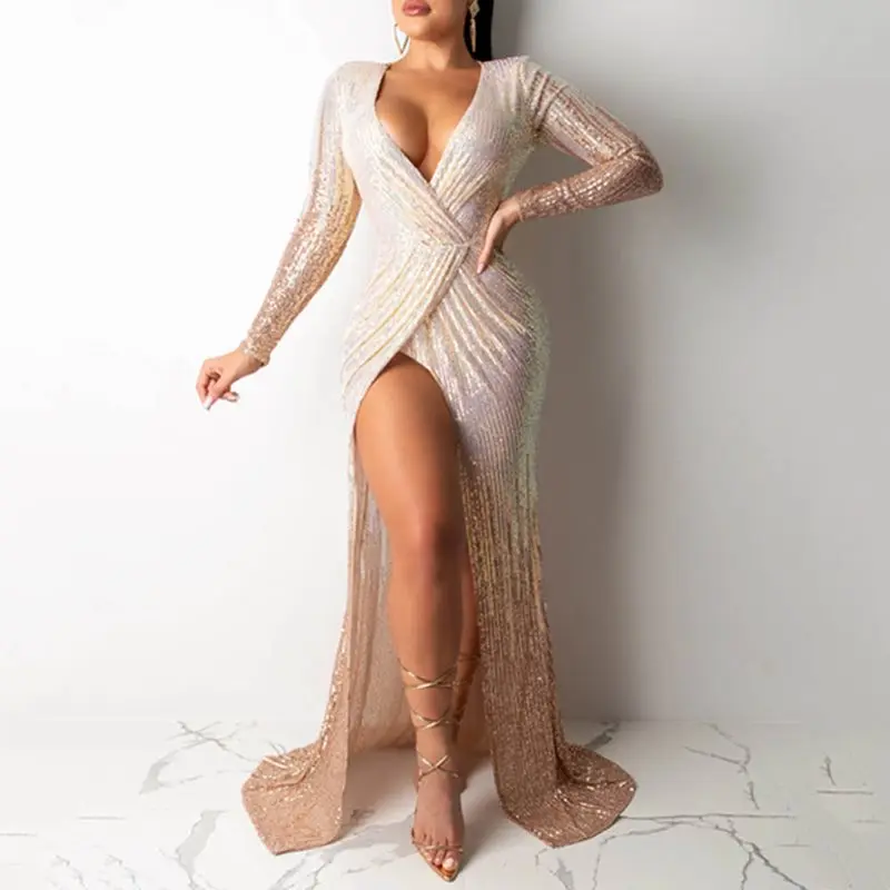 Вечерние платья для ночного клуба с v-образным вырезом женские блестящие длинным