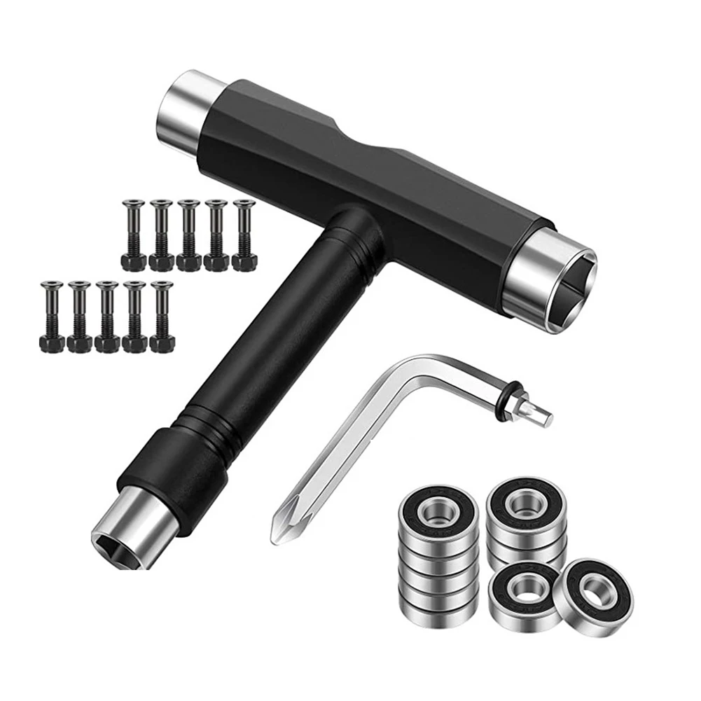 

Metal T-Shaped Skateboard Tools Kits Multi-purpose Roller Skate Longboard with Wrench Nuts Mounting Adjusting Tool