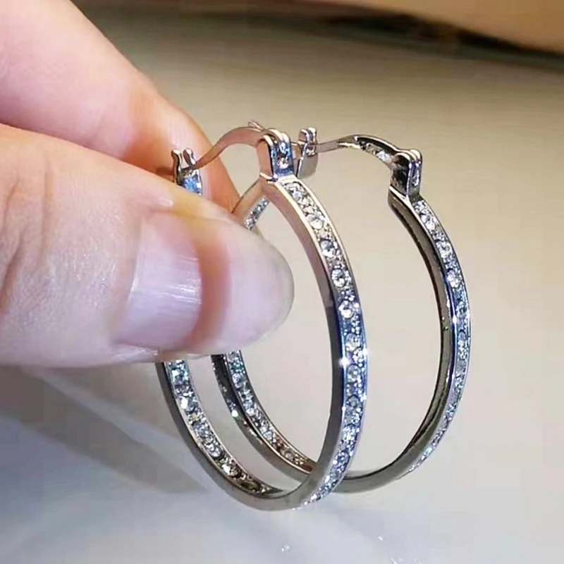 

European American Fashion Diamond Hoop Earrings for Women Female Girls Luxurious High Quality Silver Golden Rhinestone Jewelry