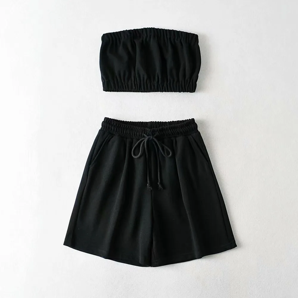 

Women 2021 Fashion Multicolor Tube top set Side Pockets Basic Shorts Vintage High Elastic Waist Drawstring Female Short Pants