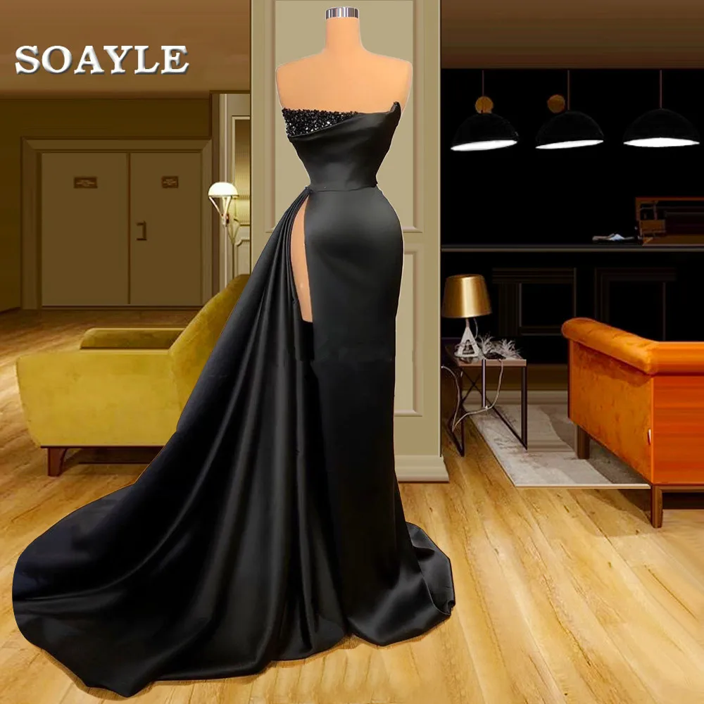 

Элегантное Черное вечернее платье с бисером, атласное платье-нарукавник Среднего Востока с Боковым Разрезом, без бретелек, платье для выпус...