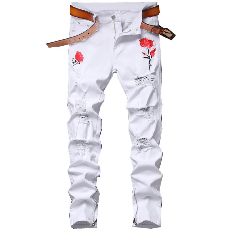 

MORUANCLE Men's Hi Street Destroyed Hip Hop Jeans With Flower Embroidery Fashion Streetwear Ripped Denim Trouers Stretch Holes