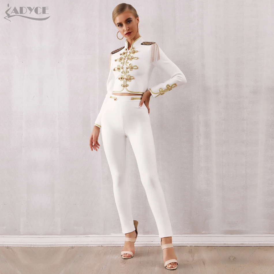 White Женский костюм-двойка ADYCE, цвет черный/белый, бандажный костюм с топом и брюками, вечерний костюм-двойка, зима - Цвет: White
