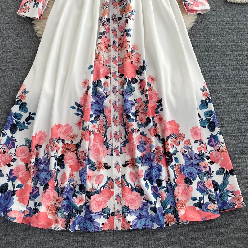 

Women Vintage Maxi Dress Spring Autumn Puff Sleeve Floral Printed Beach Dresses Ladies Elegant Single-breasted Boho Long Robe