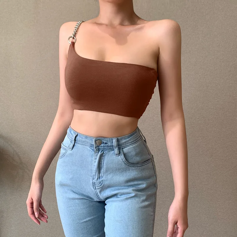 

Chain Strap Womens Cami Top Sexy One Shoulder Crop Tops For Women Summer Casual Tank Top Hip Hop Y2K Tops White Black