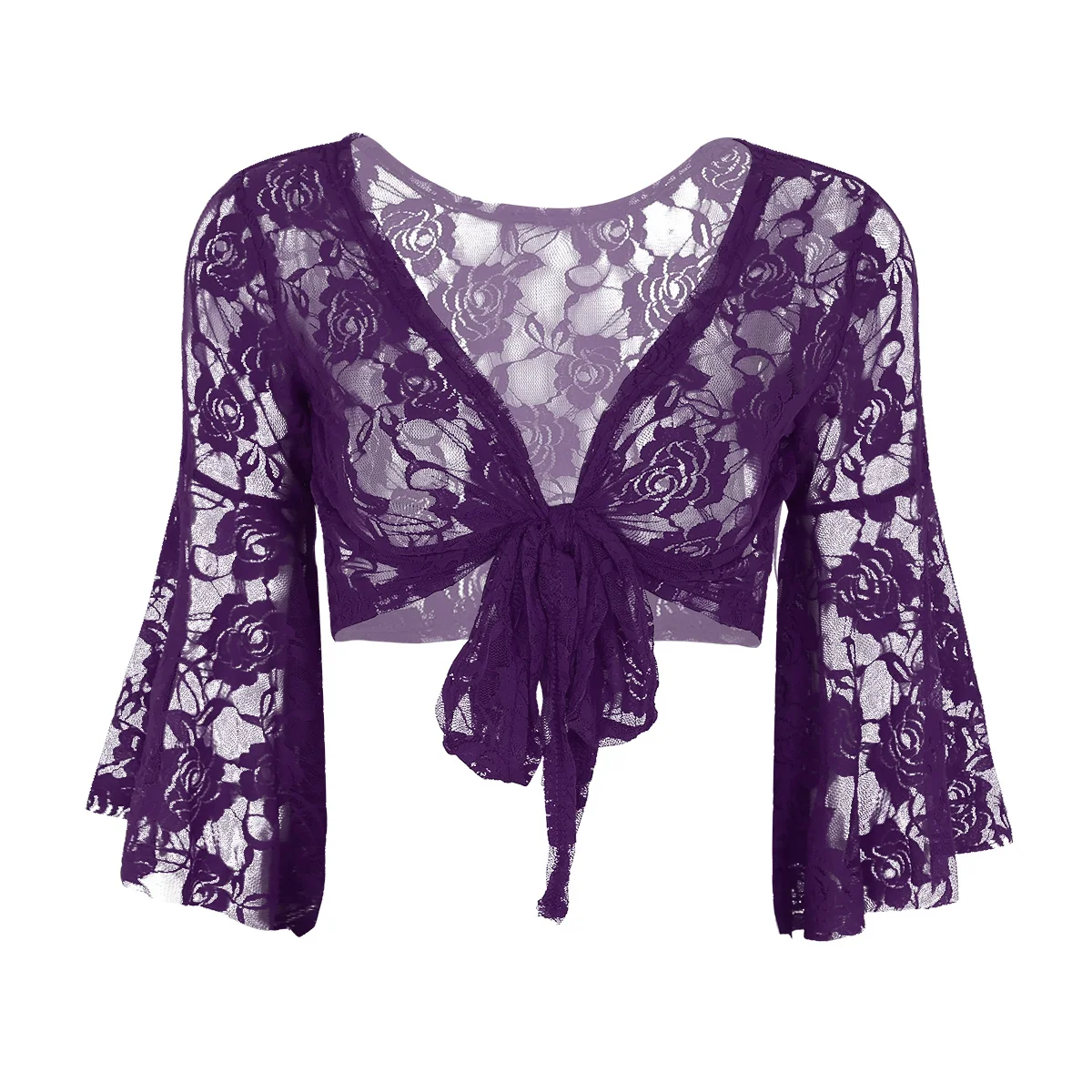 

Women Long Flare Sleeve Floral Lace Ballet Wrap Tops Belly Dance Costume Adult Holllow Out Shrug Cover-Ups Cardigan Dancewear
