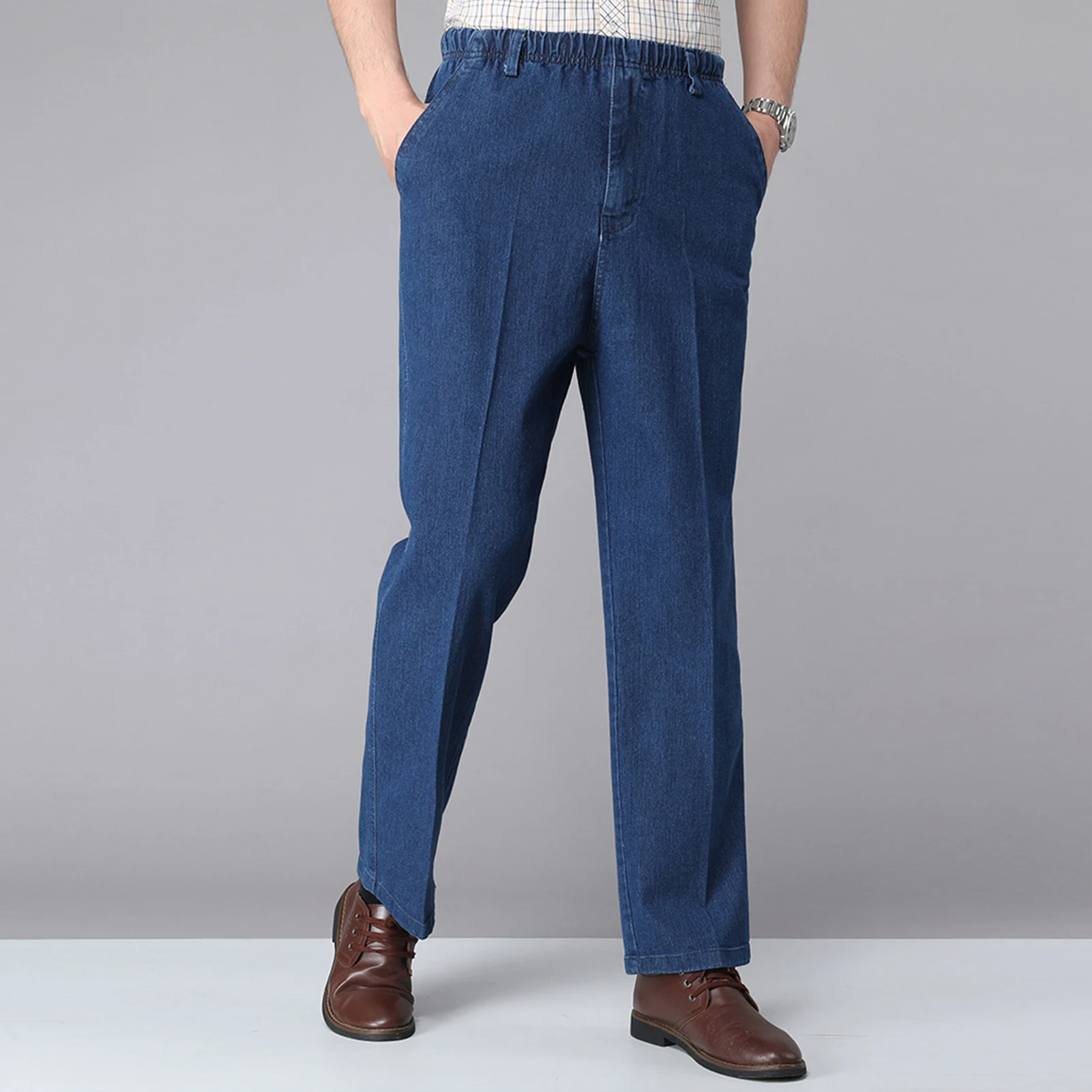 

Men Solid Color Elastic Waistband Drawstring Straight Denim Pants Long Trousers Plus Size XL-5XL