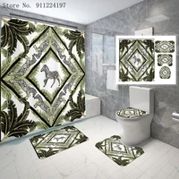 geometric animal zebra plant green leaves waterproof shower curtains 4 piece bath curtain toilet lid cover toilet seat bath rug