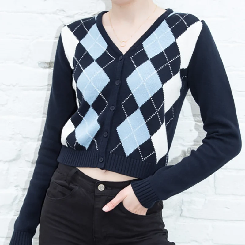 Женский вязаный кардиган однобортный свитер в клетку с V образным вырезом