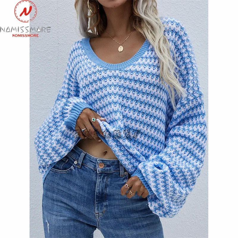 

Fashion Women Spring Autumn Sweaters Color Matching Design V-Neck Long Sleeve Casual Loose Pullovers Knitted Top for Streetwear