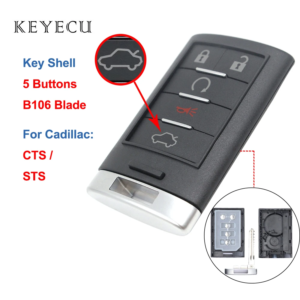 Keyecu 5 Buttons Remote Car Key Shell Case Cover for Cadillac CTS 2008 2009 2010 2011 2012 2013 2014 2015 STS M3N5WY7777A