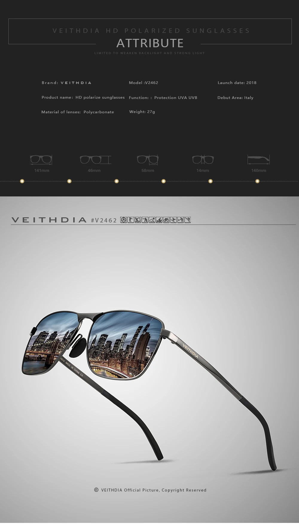 Мужские винтажные солнцезащитные очки VEITHDIA, брендовые прямоугольные очки с поляризационными стеклами, степень защиты UV400, для мужчин и женщин, модель V2462