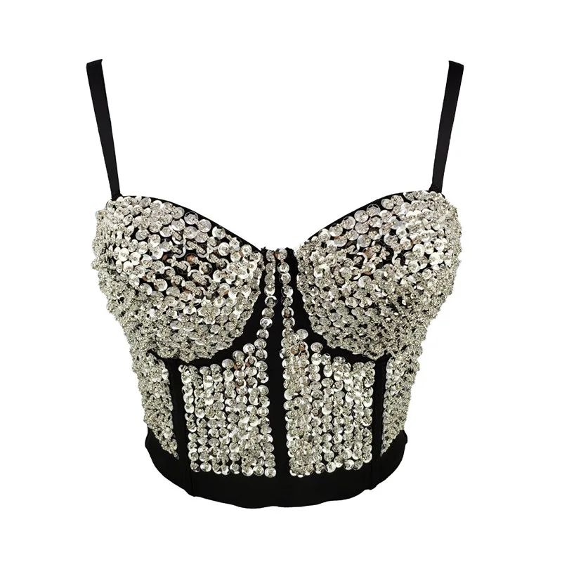 

Hjwsfdcai Women's Corset Pearl Sequins Tube Top Removable Shoulder Strap Bra Female Party Nightclub Sexy Black Bustier Gothic