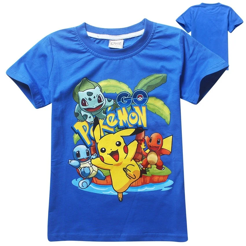 Summer Children Kids T-shirts Cotton Pokemon Boys Girls Tops Pikachu Tees T Shirt for 3-9 Years Baby Boys Clothes Child Blue