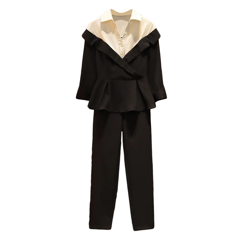 

Big Sizes XL-5XL Fall Women 2 Pcs Clothing Set New Top Shirt Pants 2 Pcs Clothing Set Leisure OL Suit Black Outfit Work Office