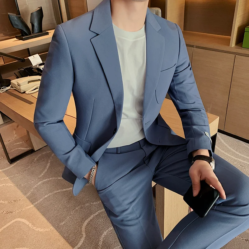 

Осенне-зимний мужской однотонный приталенный однобортный повседневный костюм в британском стиле, костюмы для жениха, для свадьбы