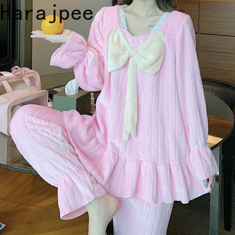 

Пижама Harajpee Женская осенне-зимняя, теплая, из плотной фланели, комплект из двух предметов, милая бархатная Пижама кораллового цвета в стиле ...