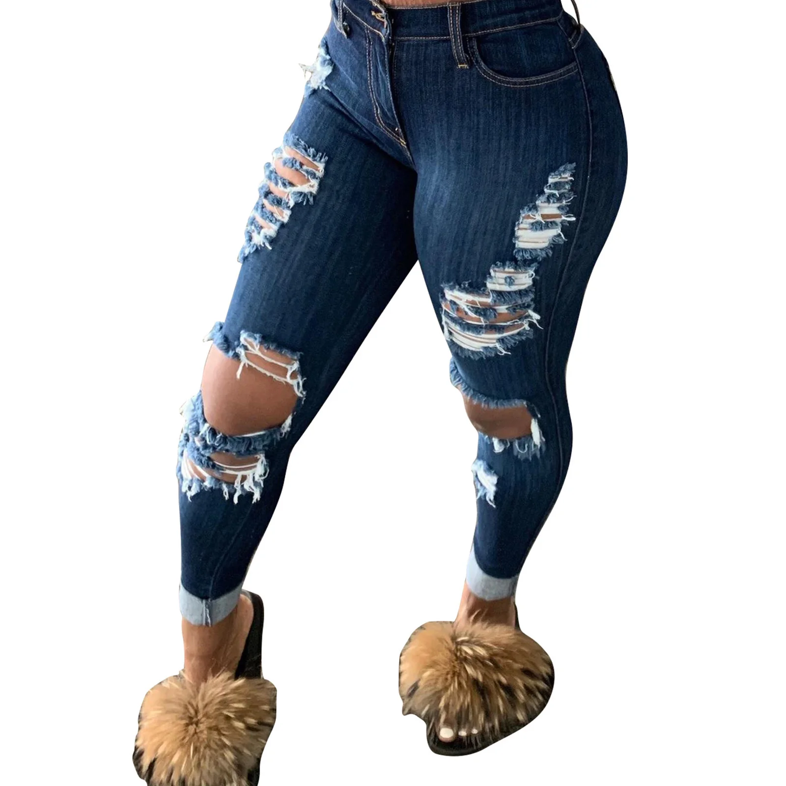 

2021 Women’s Fit Jeans Fashion Solid Color Ripped Hole Tassel Stretch Mid-waist Denim Pencil Long Pants Trousers