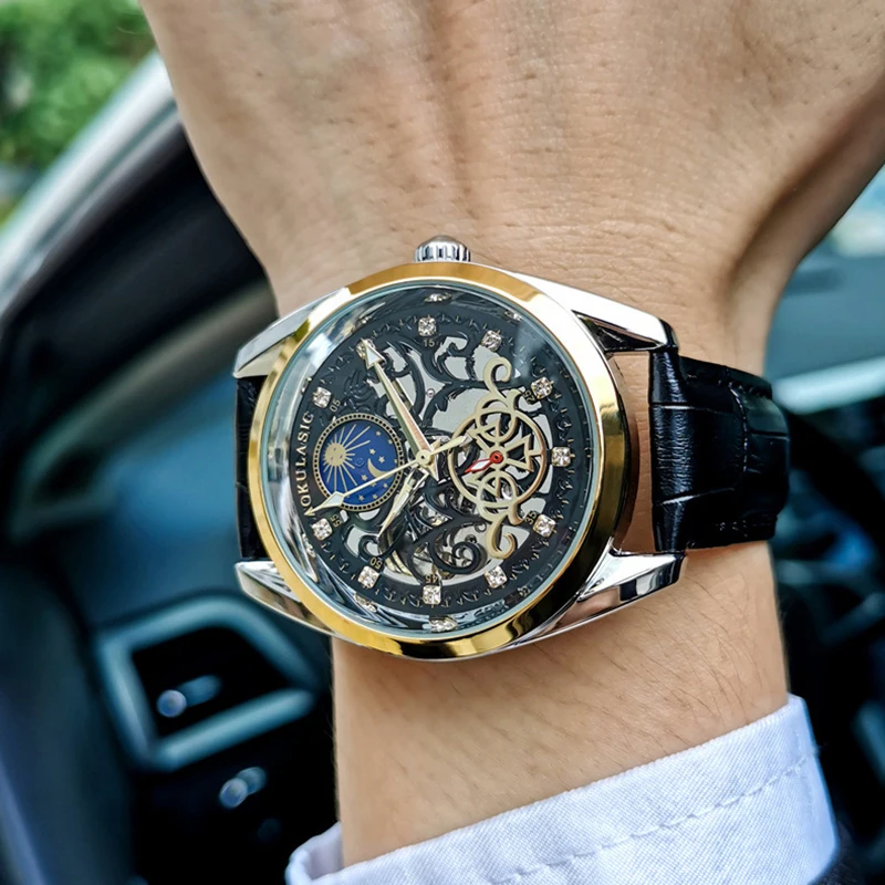 

AUKULASIC Automatic Mechanical Tourbillon Hollow-carved Man's Wristwatches Corium Strap Casual Waterproof Watches Men