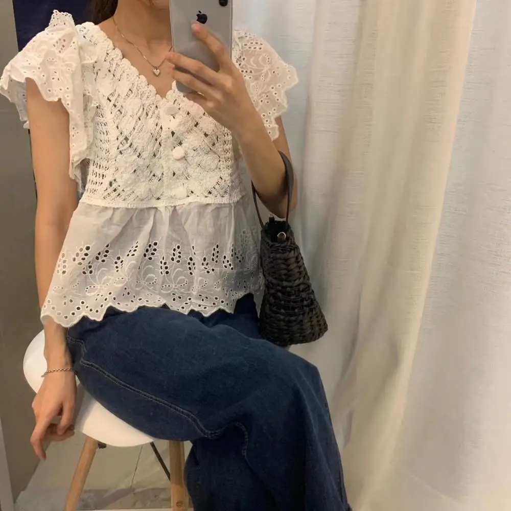 Новинка 2020 женская блузка в стиле ретро с вырезами виде цветов короткая рубашка