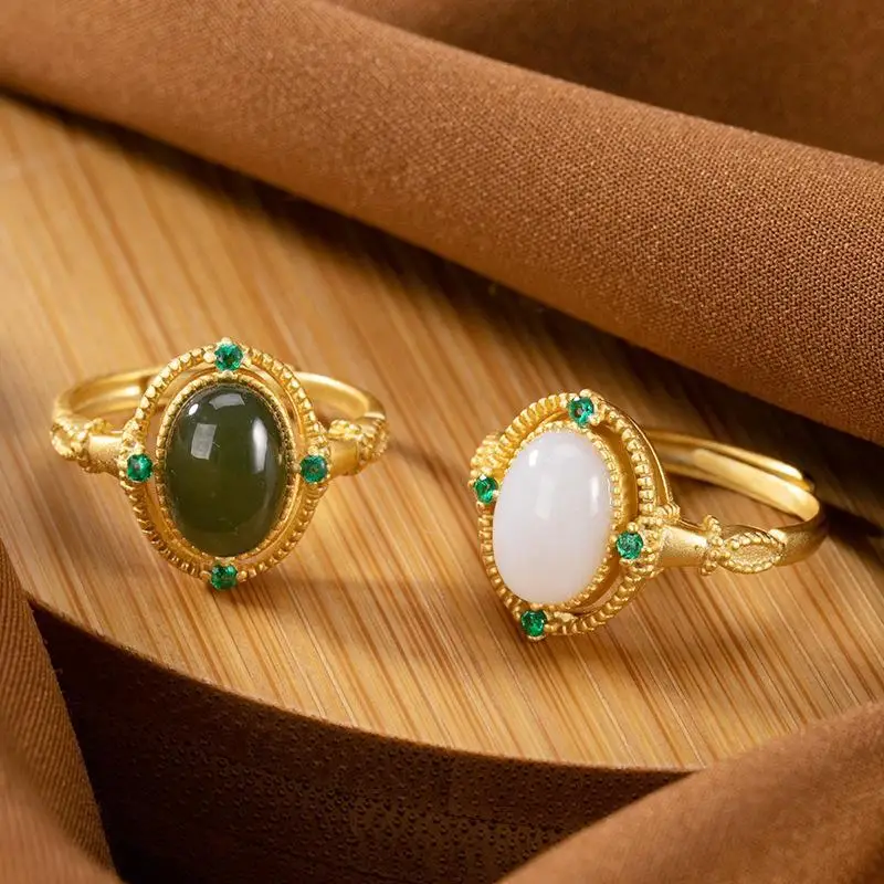 

Original natural Hetian chalcedony oval opening adjustable ring Chinese style retro unique gold craft women's festival gift