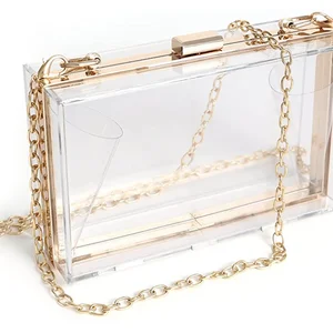 Women Clear Purse Acrylic Clear Clutch Bag Shoulder Handbag With Removable Gold Chain Strap