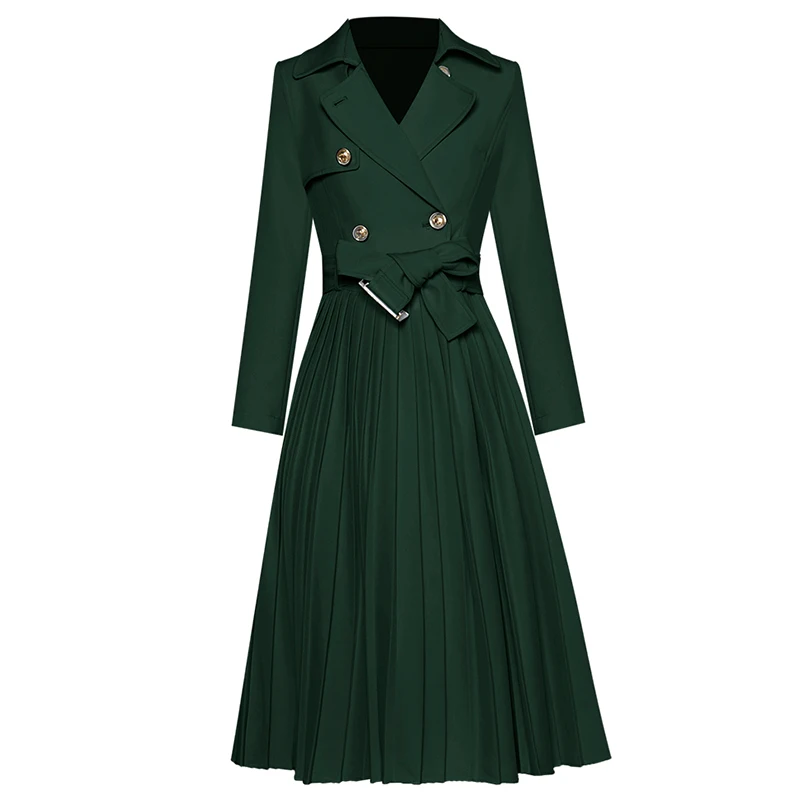Осенне зимняя женская одежда офисная зеленое/синее платье Тренч двубортное