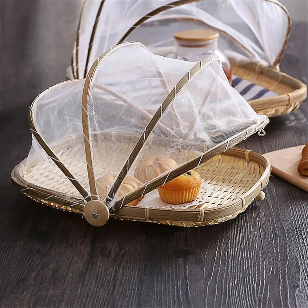 

Hand-Woven Food Serving Tent Basket Tray Fruit Vegetable Bread Storage Basket Simple Atmosphere Outdoor Picnic Mesh Net Cover