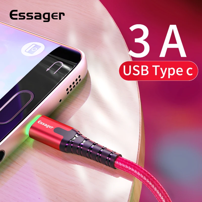 Essager светодиодный usb type C быстрый заряд кабеля провода шнур 3 м кабель usbc для Xiaomi K20 samsung Oneplus 7 Pro мобильный телефон USB-C провода
