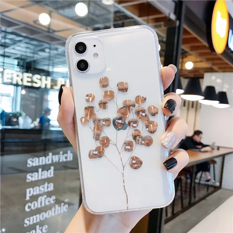 Роскошный прозрачный чехол Bronzing с золотыми листьями для iPhone 11 Pro Max X XS XR 8 7 Plus 6 6S