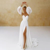 sweetheart criss cross chiffon minimalist wedding dress simple thigh split custom made strapless puffy sleeves bridal wrap gown