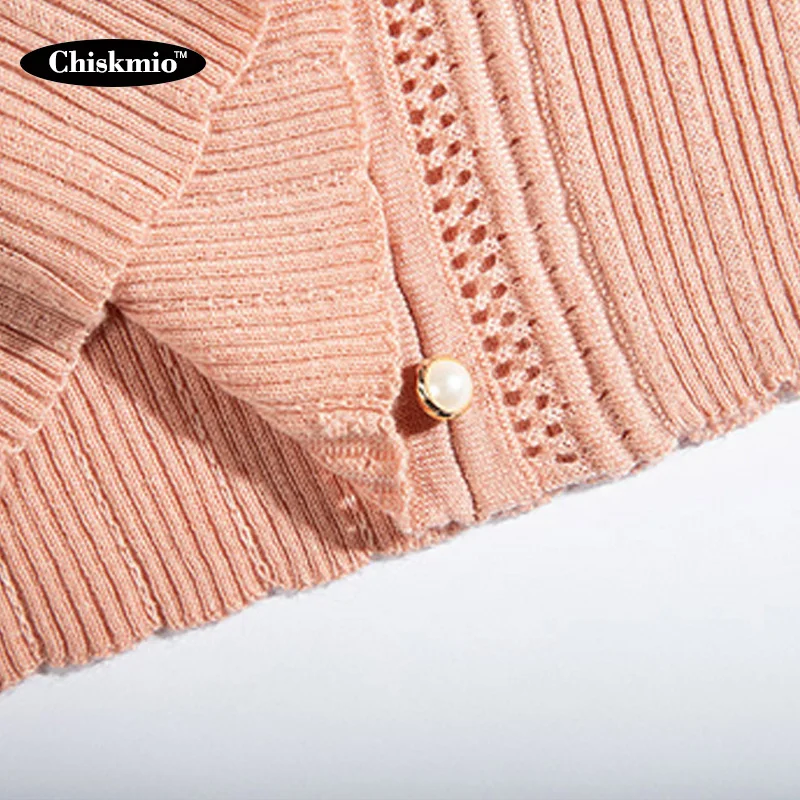 

Chiskmio Three Quarter Sleeve Sweater Women's Buttoned Knitted Cardigan V-neck Pocket Design Knitting Tops Women Slim Knitwear
