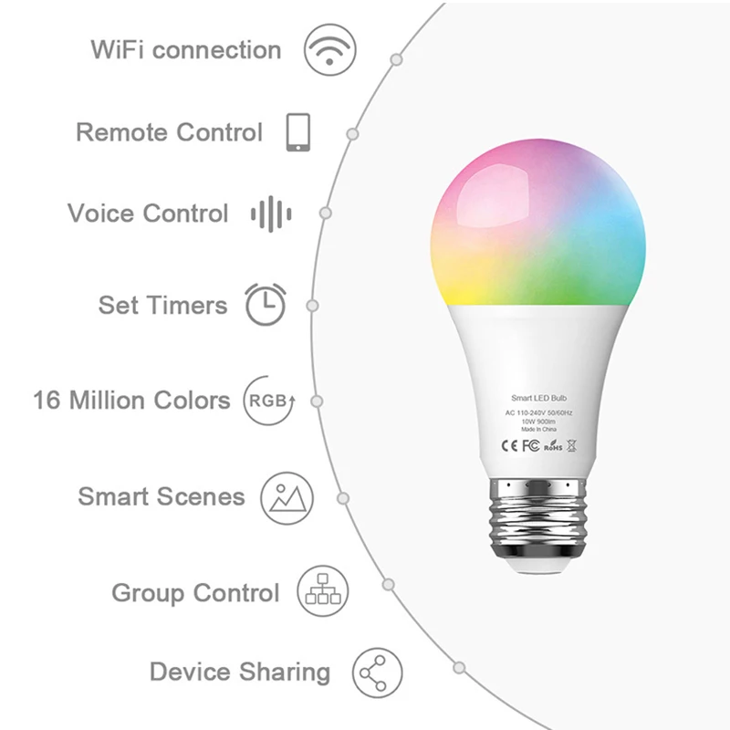 Умный Wifi умный светодиодный светильник Tuya, лампа E27 10 Вт 900Lm RGB+ 6500 К, холодный белый светильник, работает с Alexa Google Home IFTTT
