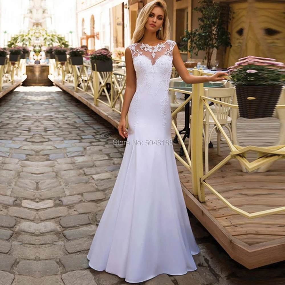 

Charming Boho Mermaid Wedding Dresses 2021 Chic Backless Lace Appliques Sheer O Neck Floor Length Soft Satin Wedding Bride Gowns