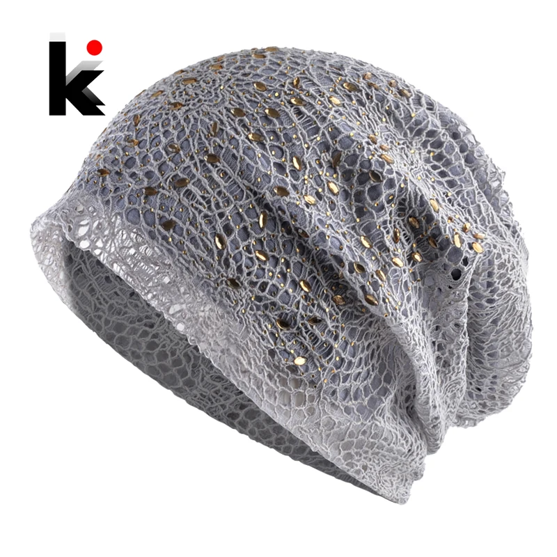 Шапка-бини Женская однотонная кружевная Со стразы | Аксессуары для одежды