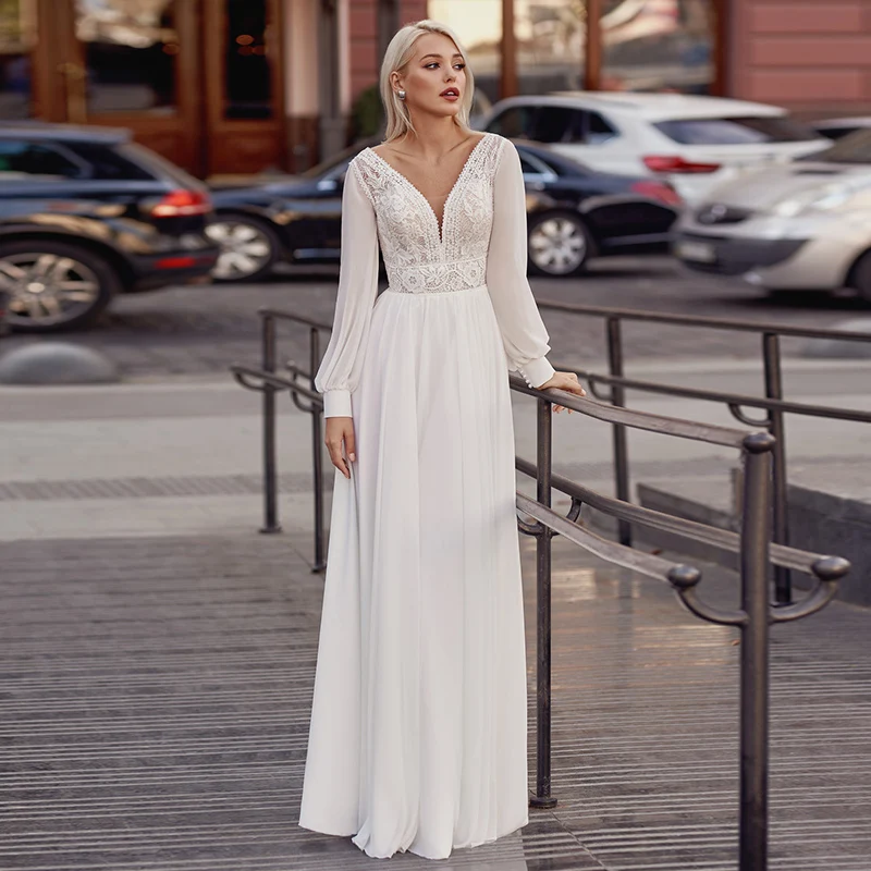 

Elegant V-neck A-line Boho Wedding Gowns 2021 Appliques High Quality Chiffon Long Sleeve Bridal Dress Vestido de Novia