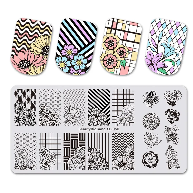 

Nail BeautyBigBang 6*12cm Stamping Plates Flower Grid Plaid Geometric Image Stamping For Nails Stencil Template Art Stamper