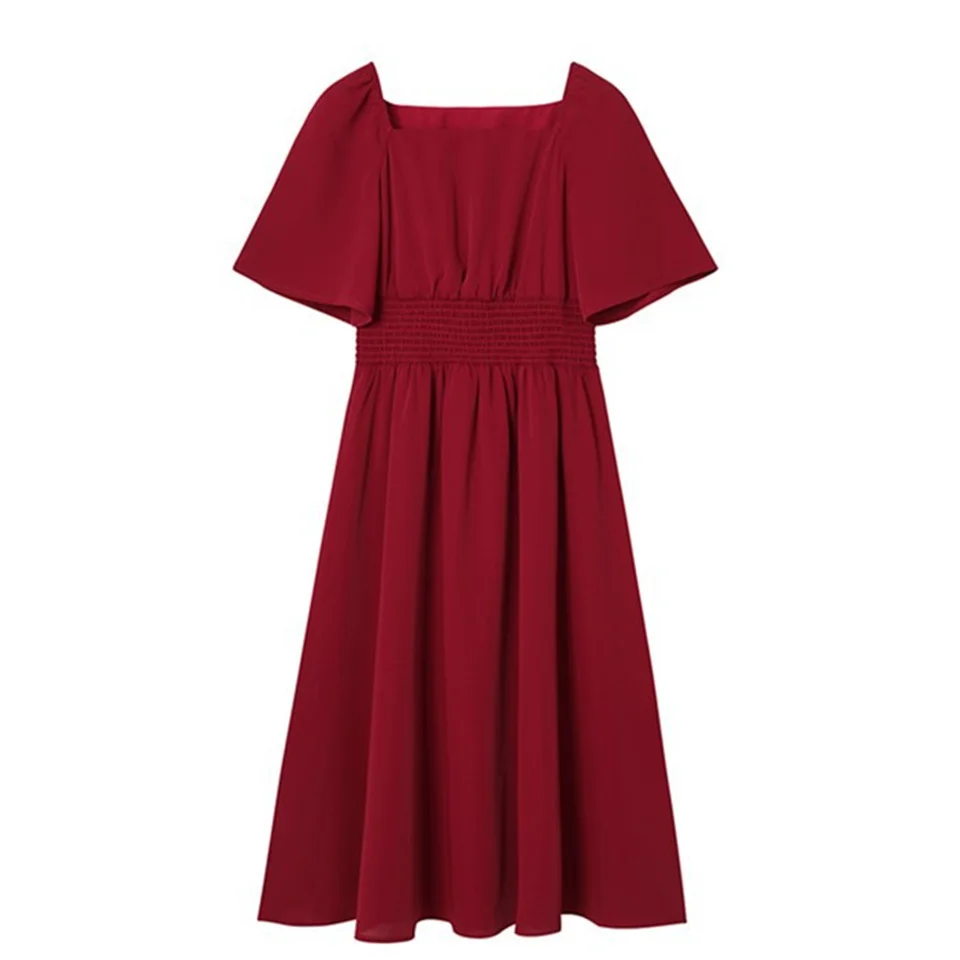 

Oversize Retro Loose Casual Short Sleeve Pleated Dress Women Summer Square Collar Neck Party Dresses Vestidos Female