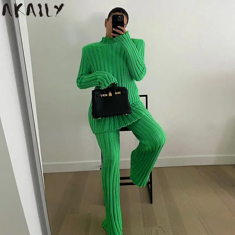 

Akaily Autumn Ribbed Striped Sweaters For Women Fashion 2021 Long Sleeve Turtleneck Women Knitted Vintage Sweater Pullovers