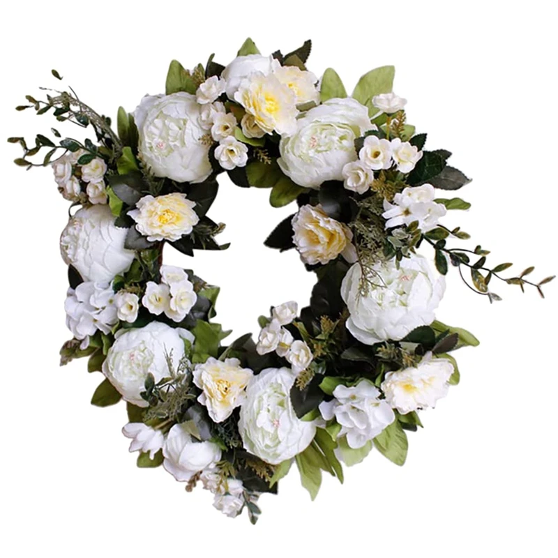 

New Artificial Flower Peony Wreath - All Seasons Front Door Decor with Peony and Green Leaves, for Wall Garden Wedding Decor