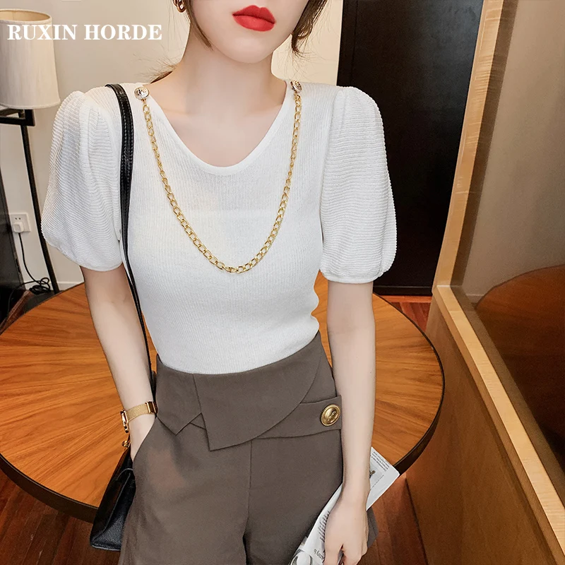 

Temperament Ice Silk Knitted V-Neck Bubble Short-Sleeved Summer 2021 Ladies New Style Solid Color Fashion Slim Top T-Shirt
