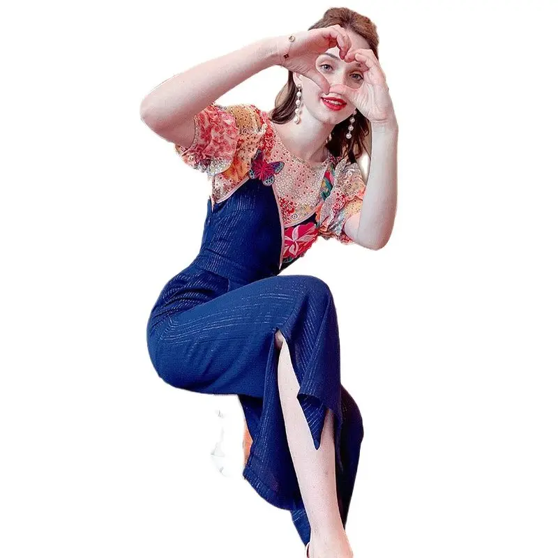 

2021 Summer New Niche Design Ruffled Puff Sleeve Printed Suspender Pants Youthful-Looking Two-Piece Set