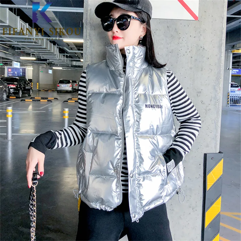 

Fashion Glossy Vest Women Winter Jacket Pocket Zipper Sleeveless Jacket Warm Down Cotton Vest Short Coat Female Loose Waistcoat