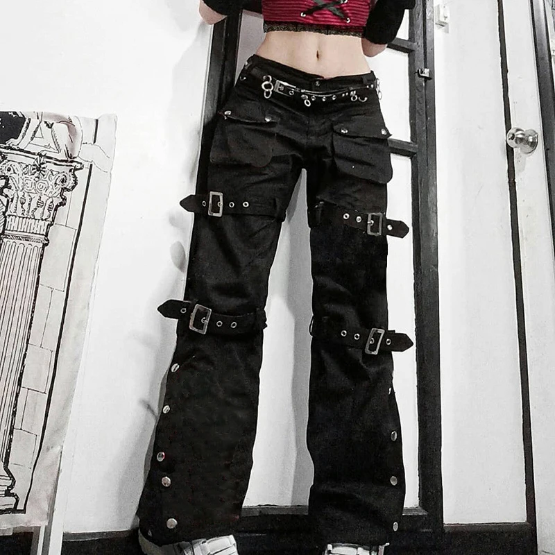 

Eyelet Buckle Black Punk Goth Y2K Jeans Fashion Woman Techwear Dark Academic Solid E Girl Cargo Pants Low Waist Denim Trousers