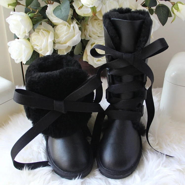 smooth black GY& YY/зимние шерстяные сапоги; женские зимние сапоги из овечьей кожи; сапоги до колена на меху с кружевным бантом; Водонепроницаемая зимняя обувь для девочек; Новая женская обувь - Цвет: smooth black