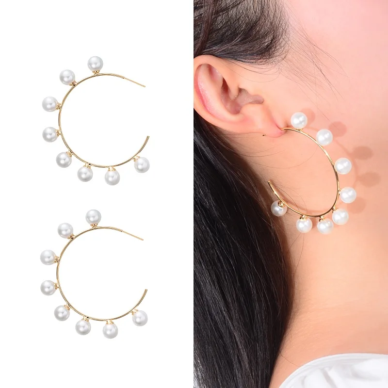 gold pearl earrings Винтаж корейской моды Chic серебро большой обруч серьги Kpop цирконий жемчуг длинные кисточки серьги для женщин заявление свадьба - Окраска металла: gold pearl earrings